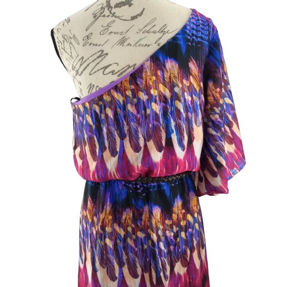 Bisou Bisou One shoulder boho tie dye style maxi flow lined dress w/belt US 8 - Picture 12 of 15